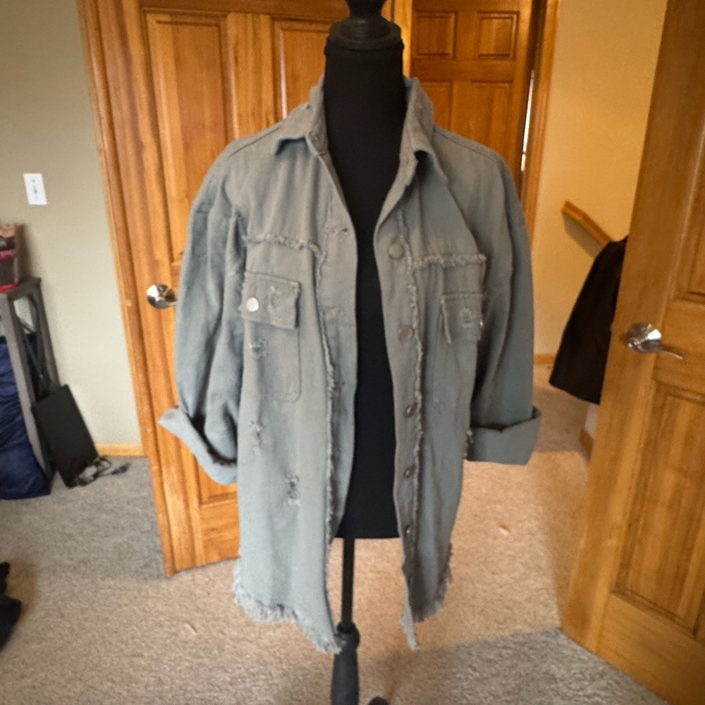 Distressed Military-Style Shacket in Faded grey